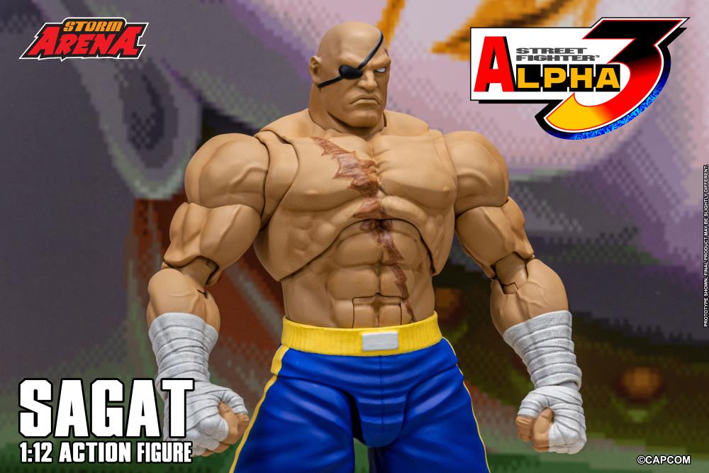 Action figure of Sagat from Street Fighter Alpha 3 with Storm Arena branding.