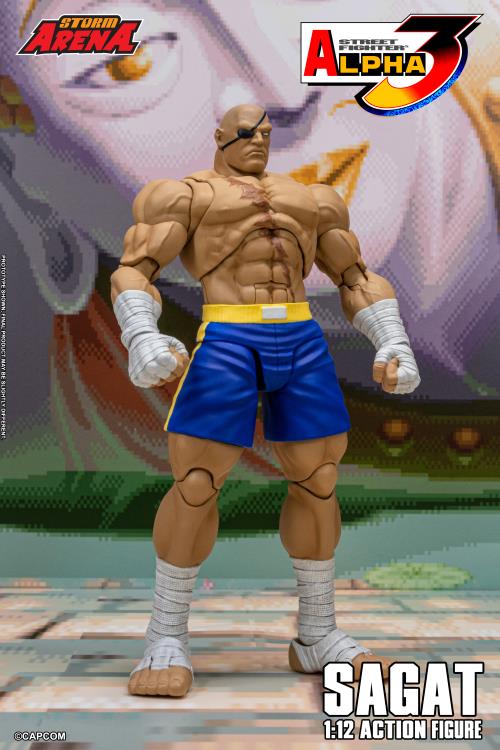 Action figure of Sagat from Street Fighter with 'Alpha 3' branding in the background
