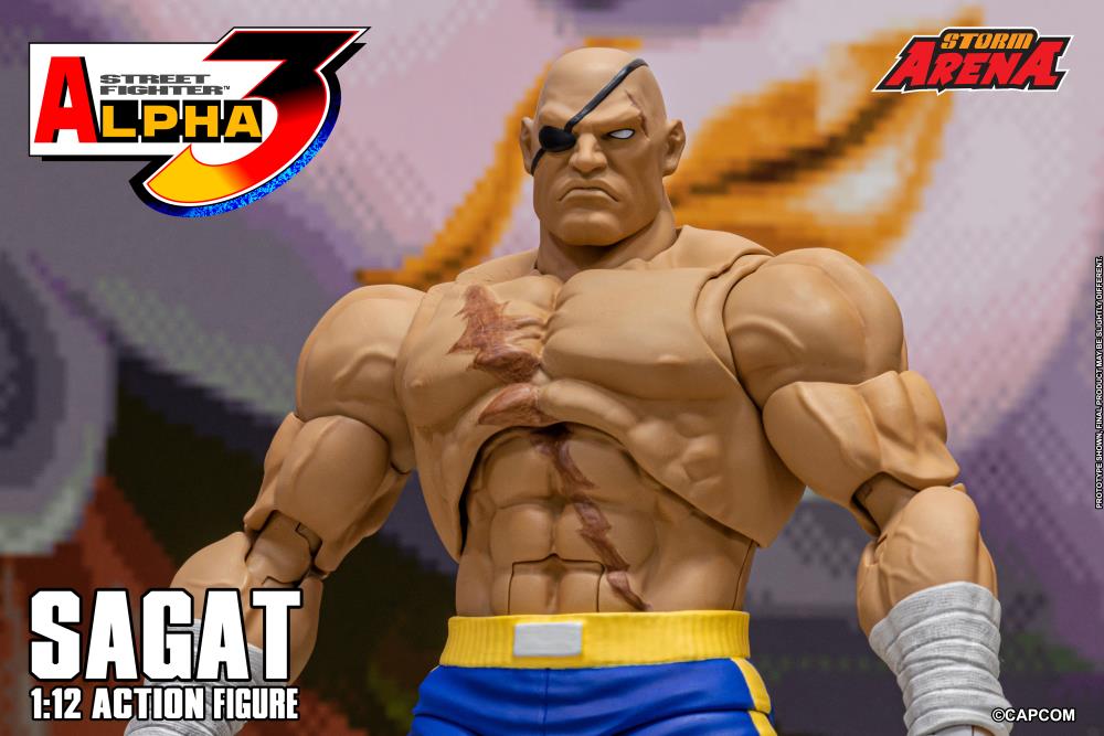 Action figure of Sagat from Street Fighter Alpha 3 with colorful background