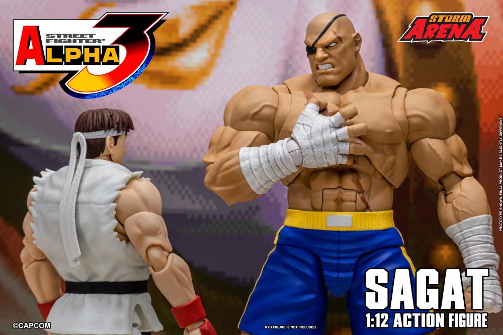 Action figure of Sagat from Street Fighter Alpha 3 with branding and product details.
