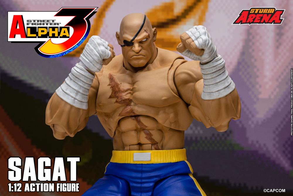Action figure of Sagat from Street Fighter Alpha 3 on a promotional background with logos.