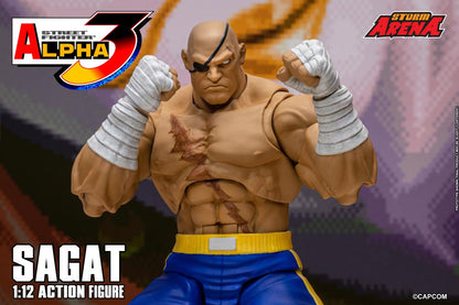 Action figure of Sagat from Street Fighter Alpha 3 on a promotional background with logos.