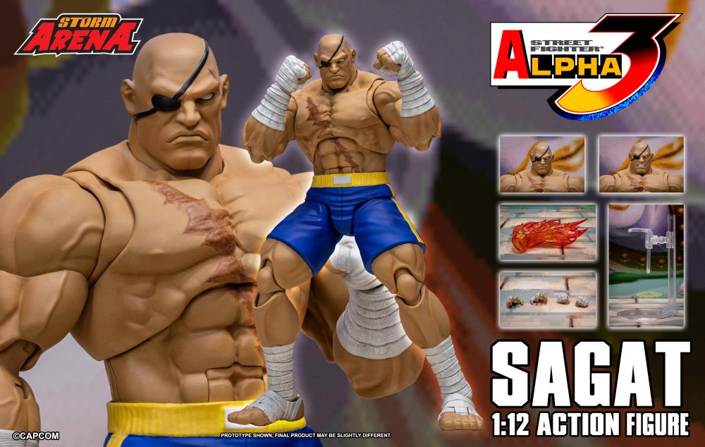 Sagat action figure from Street Fighter with packaging and branding elements.
