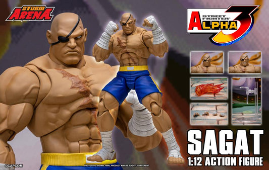 Sagat action figure from Street Fighter with packaging and branding elements.