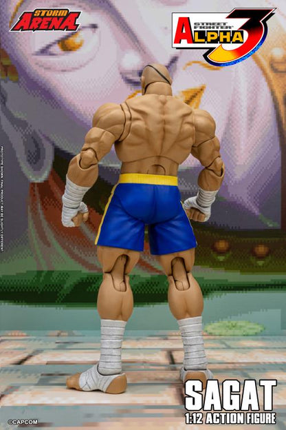 Action figure of Sagat from Street Fighter with promotional text for 'Alpha 3' and 'Street Fighter Arena'.