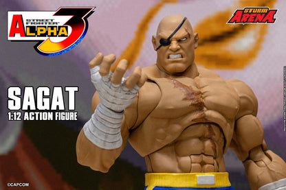 Action figure of Sagat from Street Fighter Alpha 3 with Storm Arena branding.