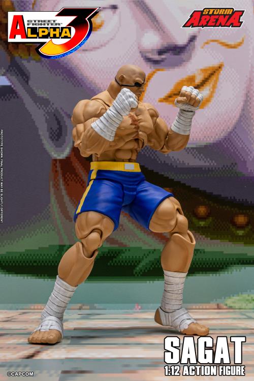 Action figure of Sagat from Street Fighter Alpha 3 with 'Storm Arena' branding.