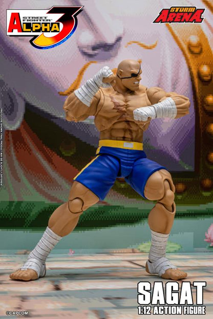 Action figure of Sagat from Street Fighter with Storm ARENA branding in the background