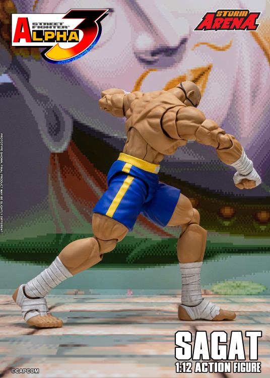 Action figure of Sagat from Street Fighter with 'Alpha 3' and 'Storm Arena' branding.