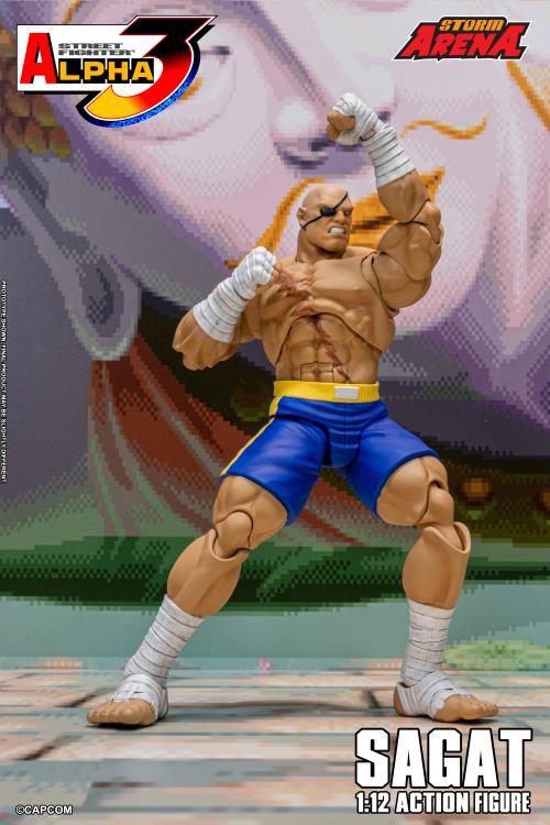 Action figure of Sagat from Street Fighter Alpha 3 with Storm Arena branding.