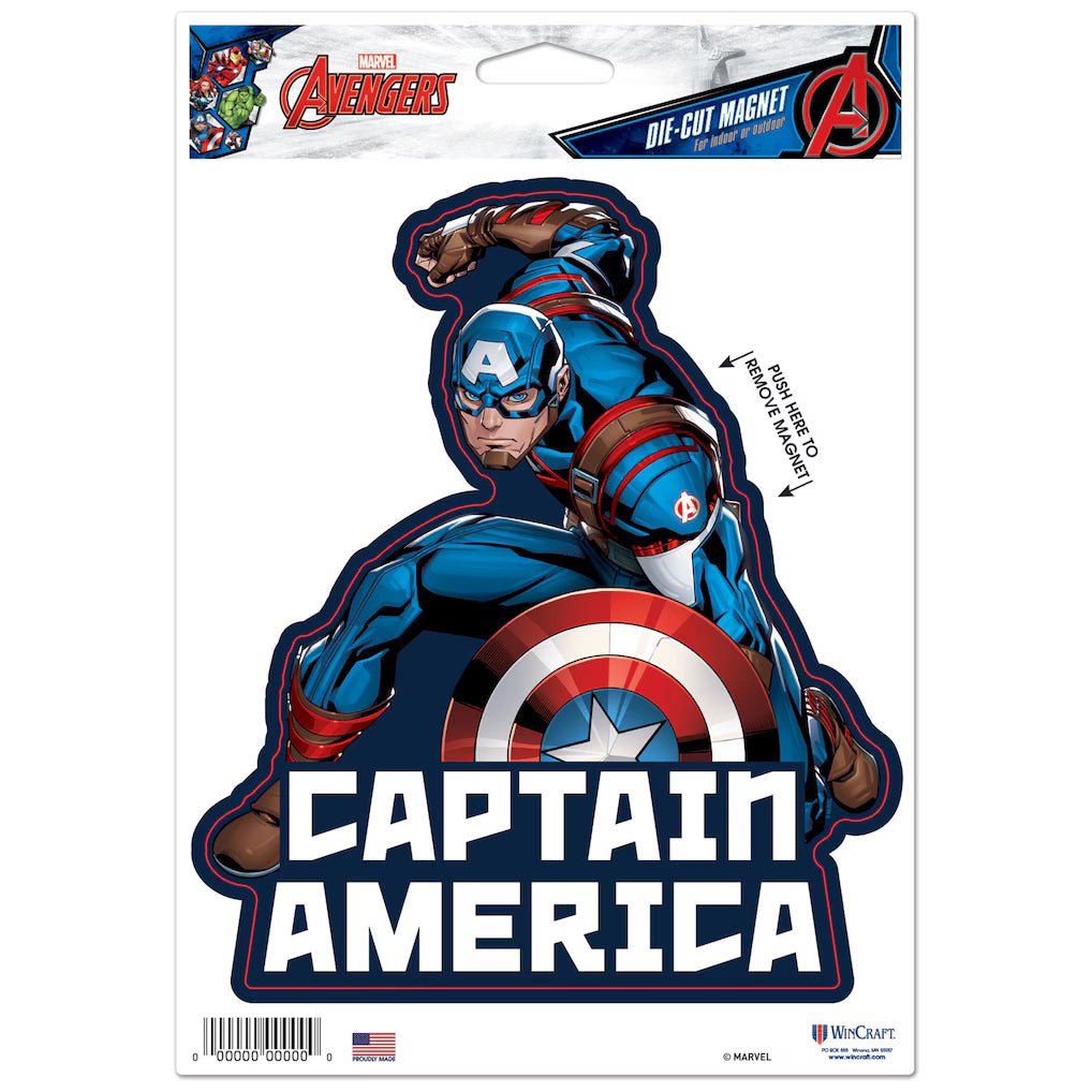 Marvel Avengers Captain America die-cut magnet on a white backing card. The magnet features Captain America in his classic blue suit with red and white accents, holding his shield, with 'CAPTAIN AMERICA' printed in large white letters at the bottom.