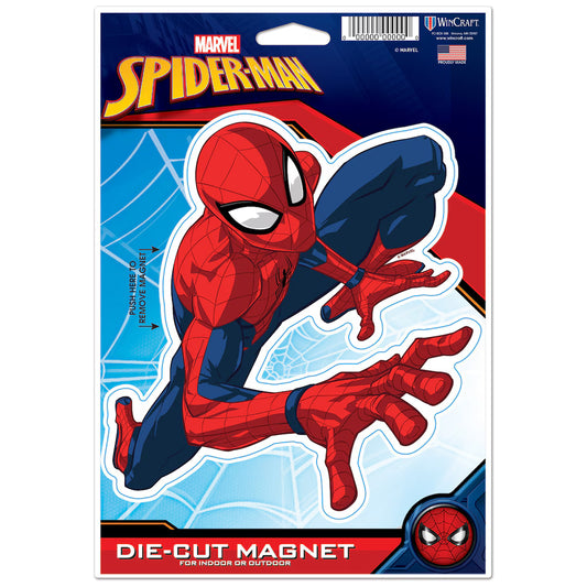 Marvel Spider-Man die-cut magnet sticker on a retail backing card. The card shows the Marvel Spider-Man logo at the top, a large Spider-Man character illustration in red and blue, and the text 'DIE-CUT MAGNET' at the bottom.
