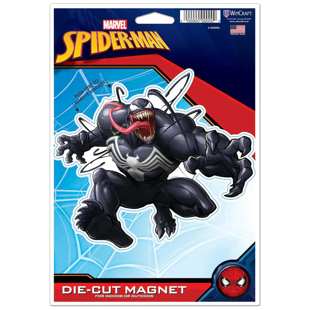 Marvel Spider-Man die-cut magnet featuring Venom in a dynamic pose, printed on a retail backing card with Marvel branding and WinCraft packaging.