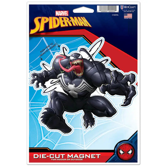 Marvel Spider-Man die-cut magnet featuring Venom in a dynamic pose, printed on a retail backing card with Marvel branding and WinCraft packaging.