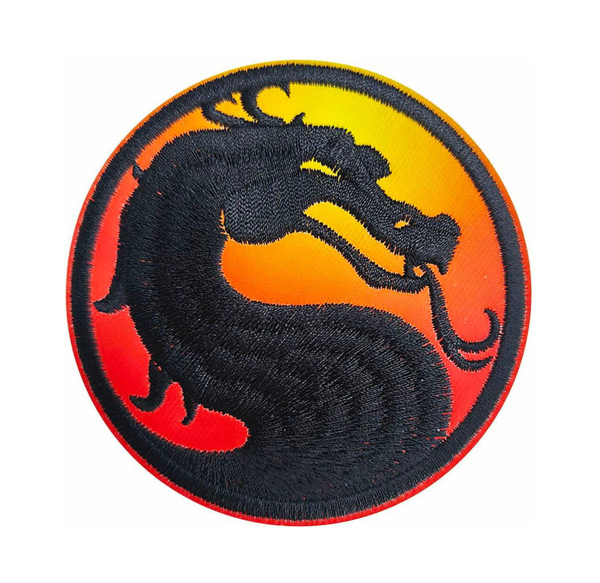 A circular embroidered patch featuring a Mortal Kombat Logo Iron-on Patch, isolated on a white studio background.