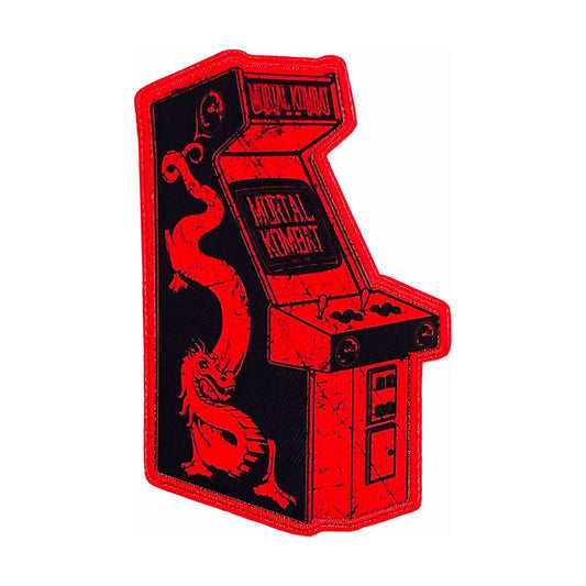 Patch of an arcade machine with 'Mortal Kombat' branding on a white background