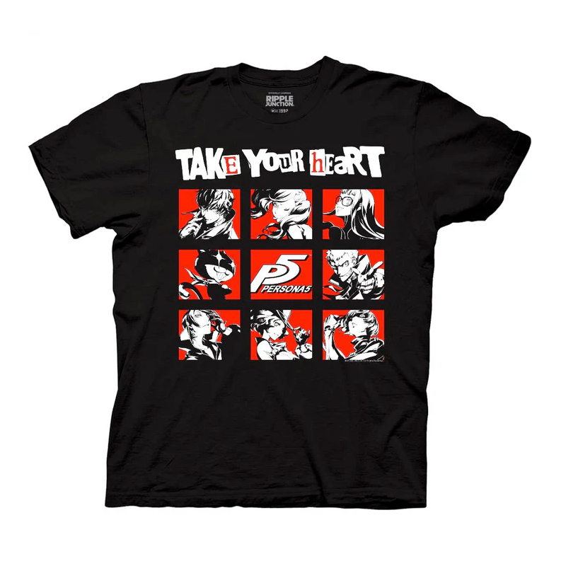 Black t-shirt with Persona 5 graphic design and text on a white background