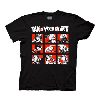 Black t-shirt with Persona 5 graphic design and text on a white background