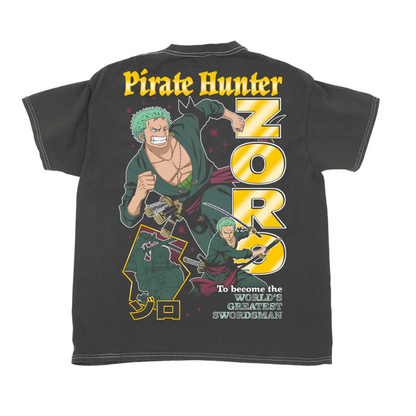 Black t-shirt with 'Pirate Hunter Zoro' graphic and text on a white background