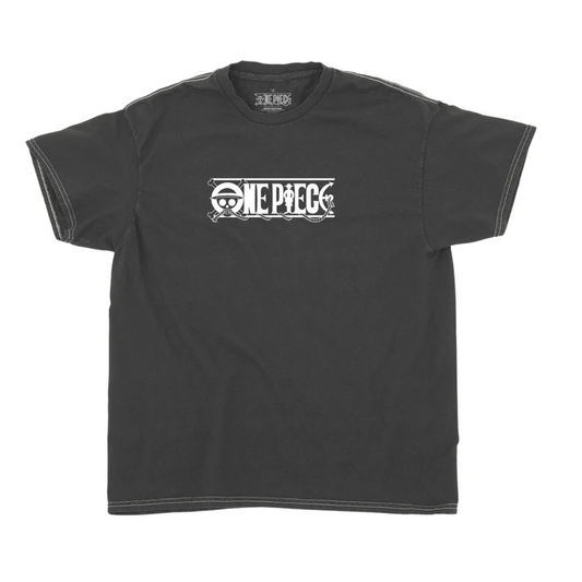 Black t-shirt with 'One Piece' logo on a white background