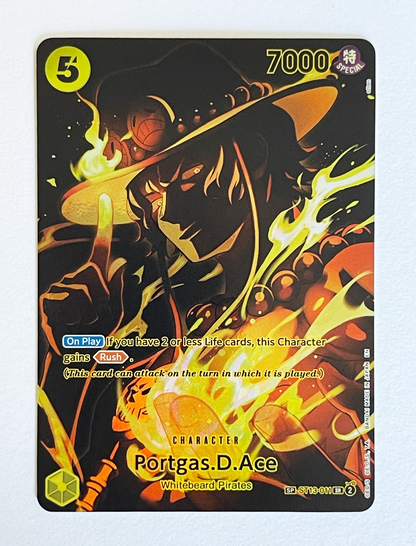 Card featuring Portgas D. Ace from One Piece with fiery design and character illustration.
