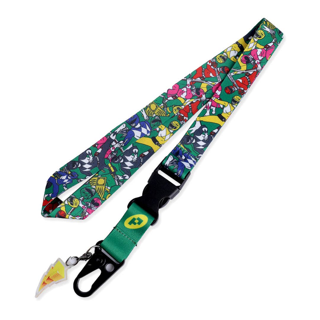 A multicolor Power Rangers patterned lanyard strap with a green webbed section, black plastic buckle, and black carabiner clip, shown on a plain white background.
