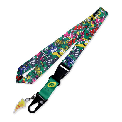 A multicolor Power Rangers patterned lanyard strap with a green webbed section, black plastic buckle, and black carabiner clip, shown on a plain white background.