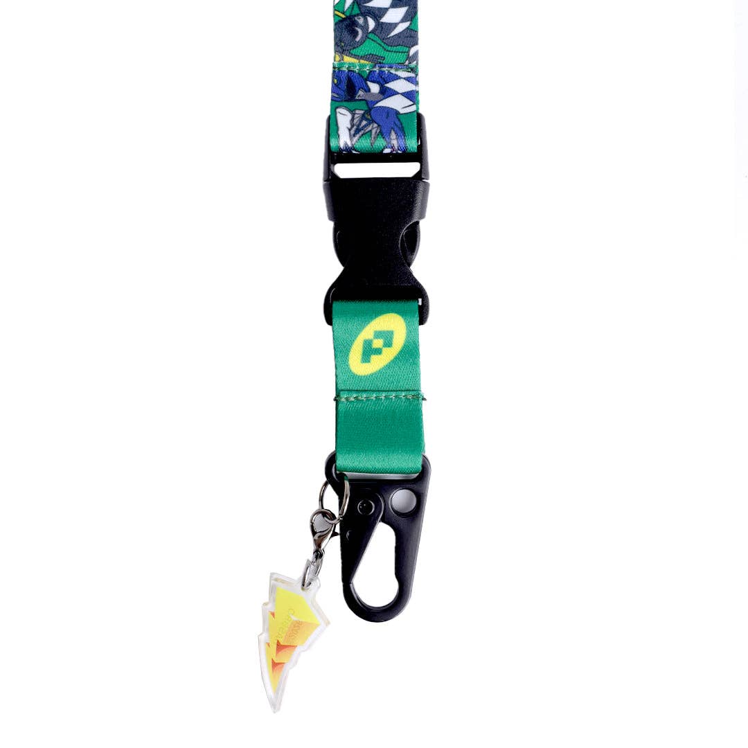 A multicolor Power Rangers patterned lanyard strap with a green webbed section, black plastic buckle, and black carabiner clip, shown on a plain white background.