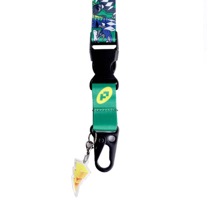A multicolor Power Rangers patterned lanyard strap with a green webbed section, black plastic buckle, and black carabiner clip, shown on a plain white background.