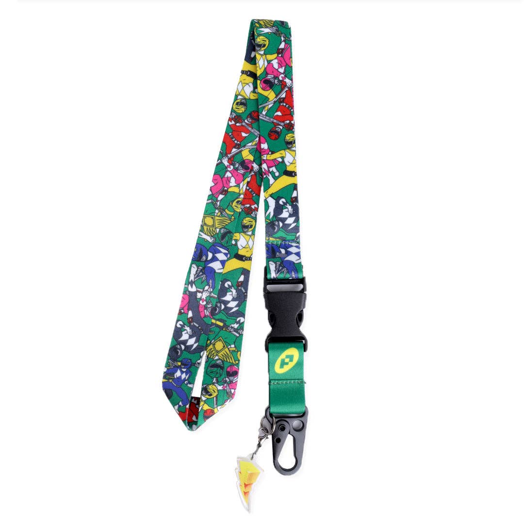 A multicolor Power Rangers patterned lanyard strap with a green webbed section, black plastic buckle, and black carabiner clip, shown on a plain white background.