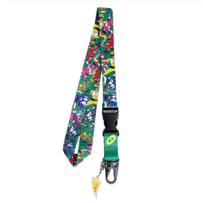 A multicolor Power Rangers patterned lanyard strap with a green webbed section, black plastic buckle, and black carabiner clip, shown on a plain white background.