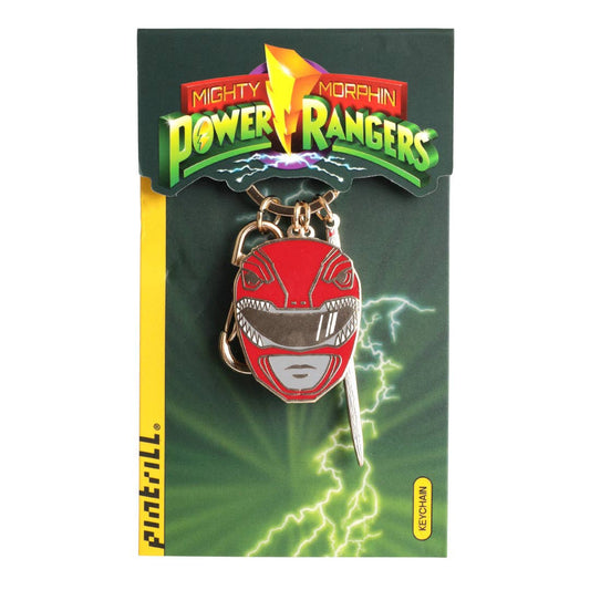 A Mighty Morphin Power Rangers keychain featuring the red Ranger helmet, attached to its original dark green and yellow retail display card.