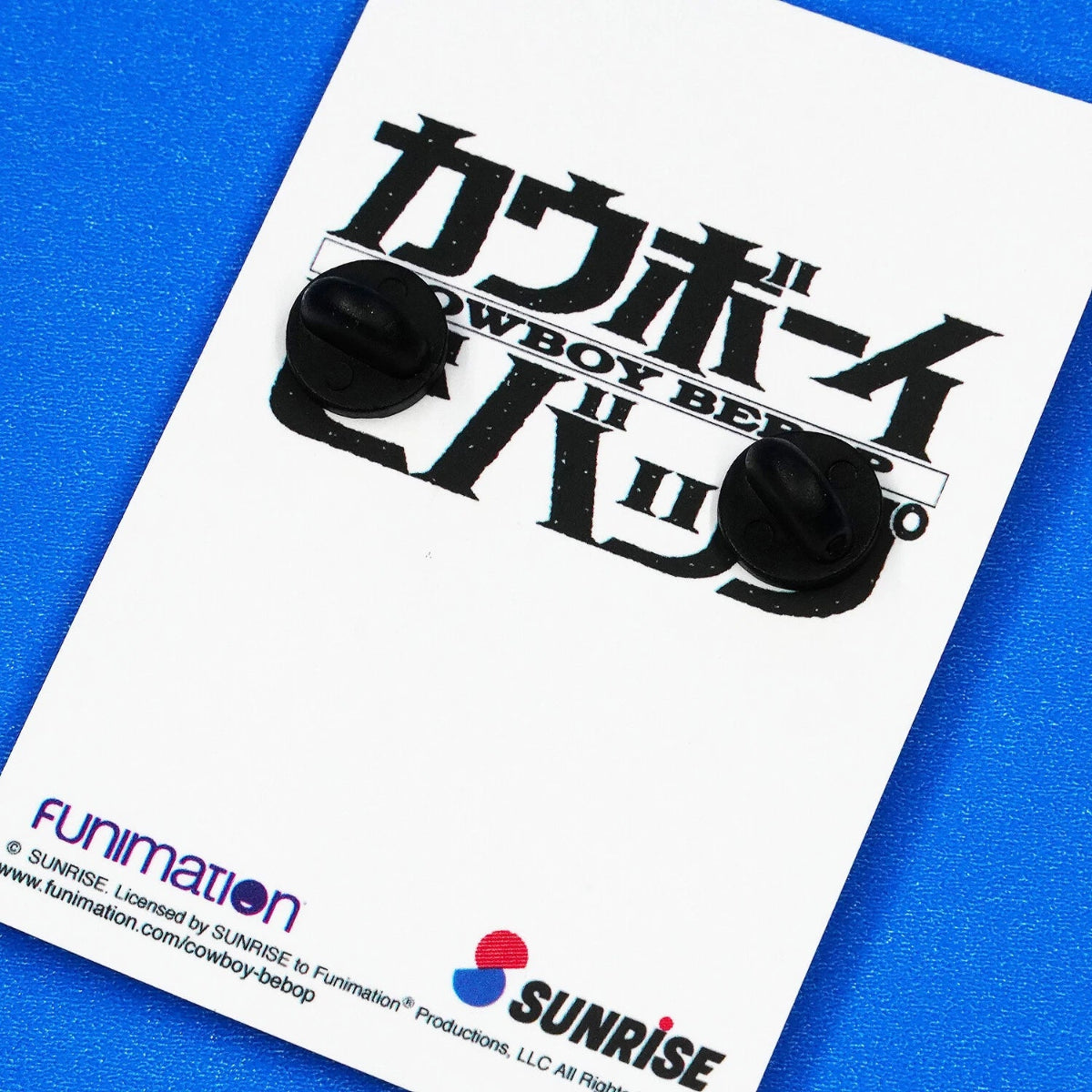 Cowboy Bebop logo with Funimation and Sunrise logos on a blue background