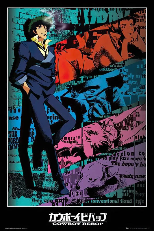 A stylized poster featuring Cowboy Bebop Spike in a dark blue suit against a collage-like background with teal, red, pink, and purple tones. Japanese text appears at the bottom, and the title 'Cowboy Bebop' is visible near the lower center.