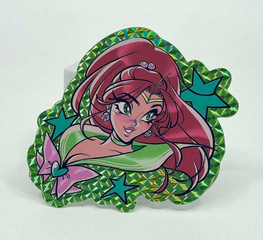 A Sailor Moon Sailor Scout Jupiter holographic sticker with a green iridescent border, shown on a white background.