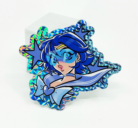 A Sailor Moon Sailor Scout Mercury holographic sticker with a blue iridescent border, shown on a white background.