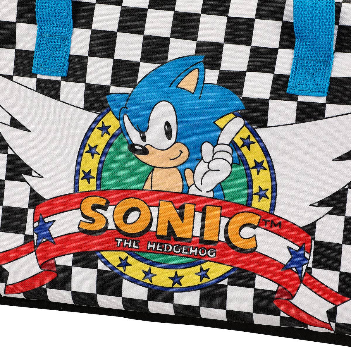Sonic the Hedgehog logo on a checkered background with blue straps.