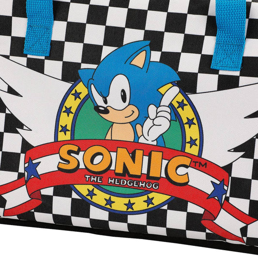 Sonic the Hedgehog logo on a checkered background with blue straps.