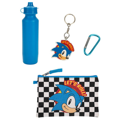 Collection of Sonic-themed items including a water bottle, keychain, carabiner, and pouch on a white background.