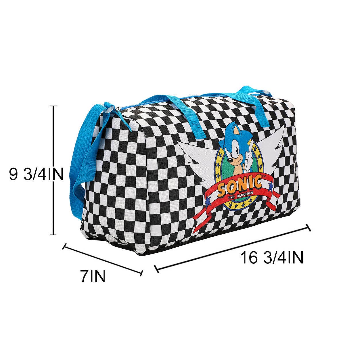 Checkered duffel bag with Sonic the Hedgehog logo and measurements on a white background
