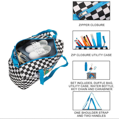 Checkered duffel bag with shoe compartment, keychain, water bottle, and carabiner on a white background.