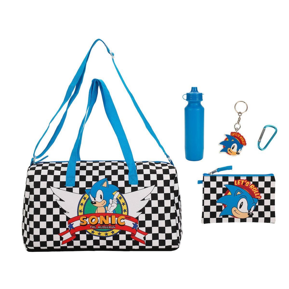 Sonic the Hedgehog duffel bag with water bottle, keychain, and pouch on a white background