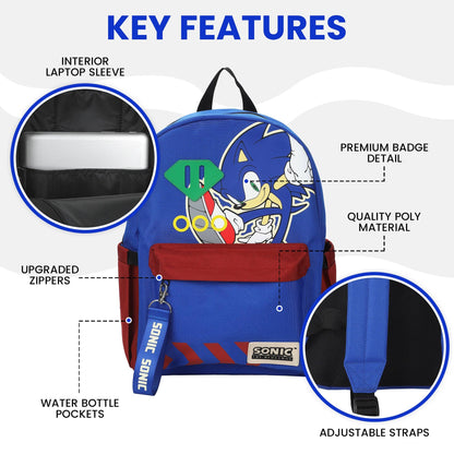 Blue backpack with Sonic the Hedgehog design, featuring key features on a white background.
