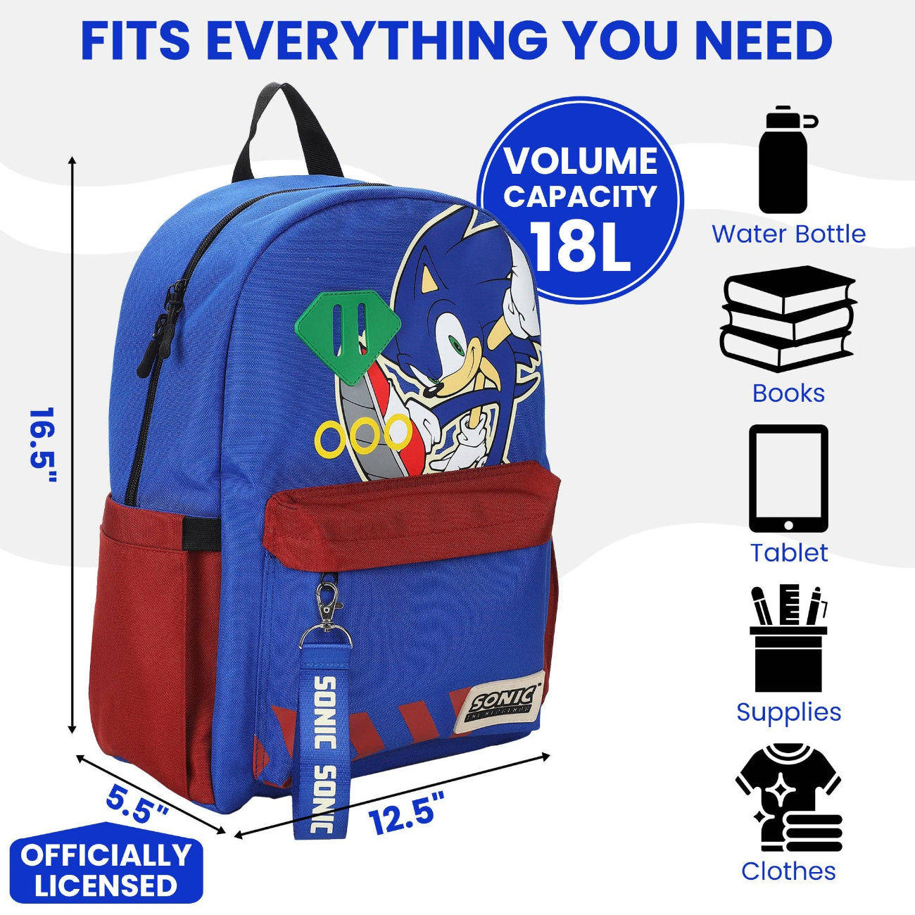Blue and red Sonic the Hedgehog backpack with volume capacity and item capacity indicators on a white background.