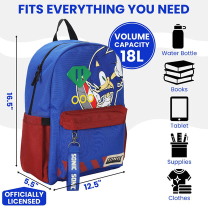 Blue and red Sonic the Hedgehog backpack with volume capacity and item capacity indicators on a white background.