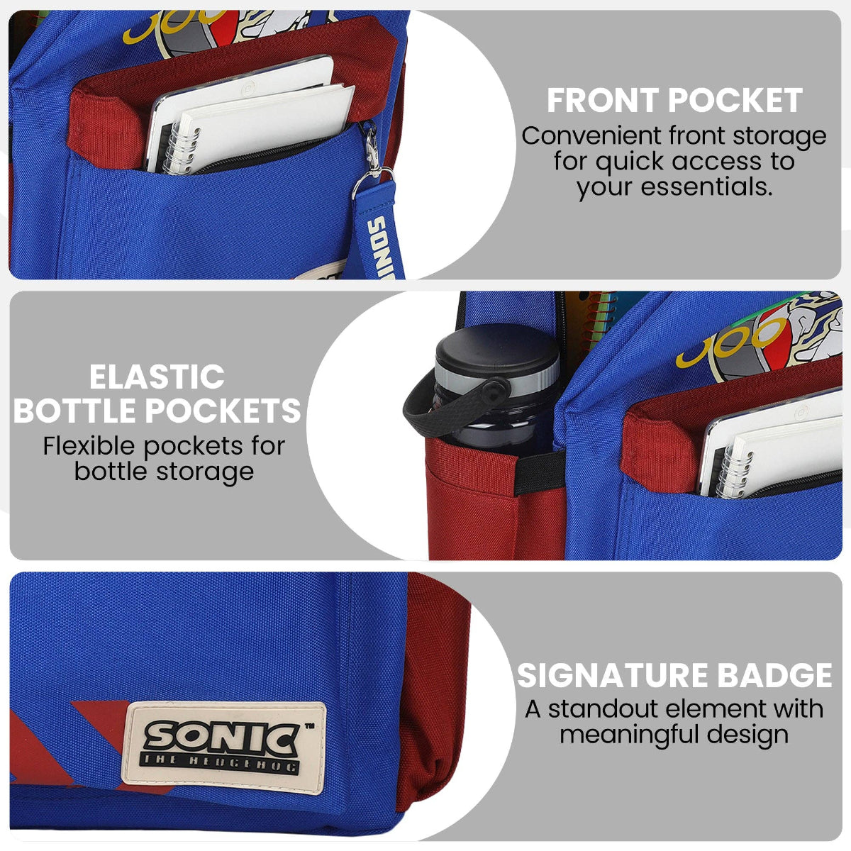 Backpack with front pocket, elastic bottle pockets, and Sonic logo on a gray background
