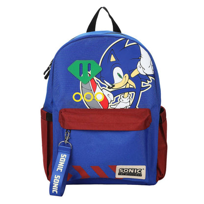 Blue backpack with Sonic the Hedgehog design on a white background
