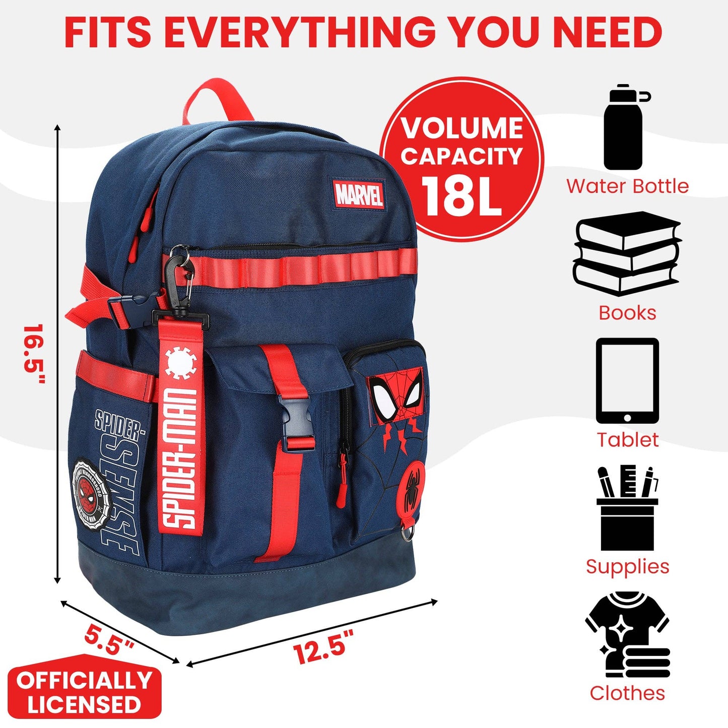 Spider-Man backpack with volume capacity and item capacity indicators on a white background