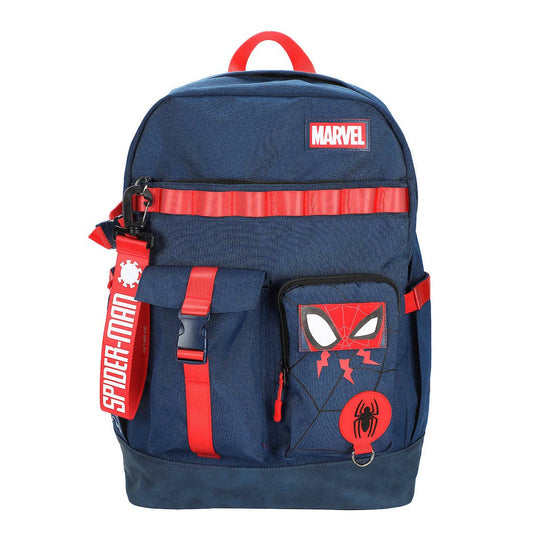 Blue backpack with red accents and Spider-Man logo on a white background