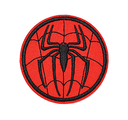 A circular embroidered patch featuring Spider-Man Logo Plain Back Patch emblem over a red background with black webline details and a black border, shown on a plain white background.
